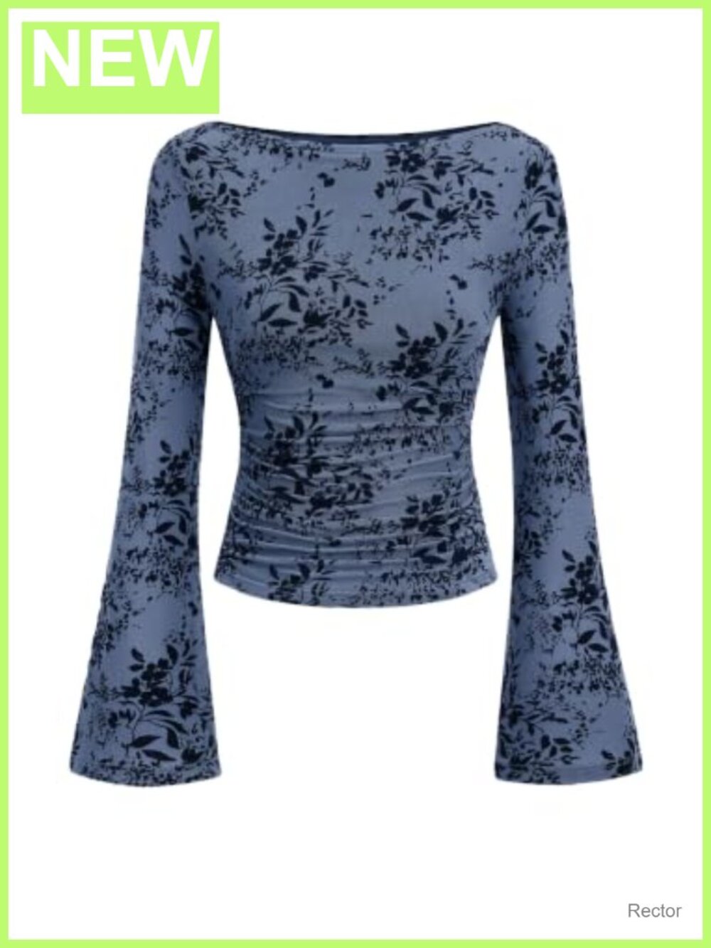 Bell Sleeve Floral Mesh Crop Top Boat Neck Blouse